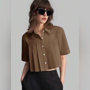SHEIN Collared Pleated Crop Button Down Top - Size L - NWOT